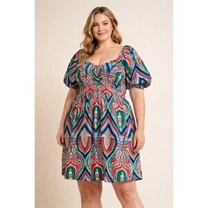 Skies Are Blue Curvy Puff Sleeve Boho Print Dress Size 1X